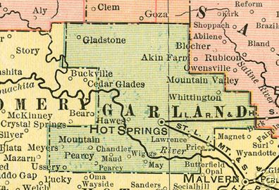 Early map of Garland County, Arkansas including Hot Springs, Pearcy, May, Whittington, Gladstone, Lawrence